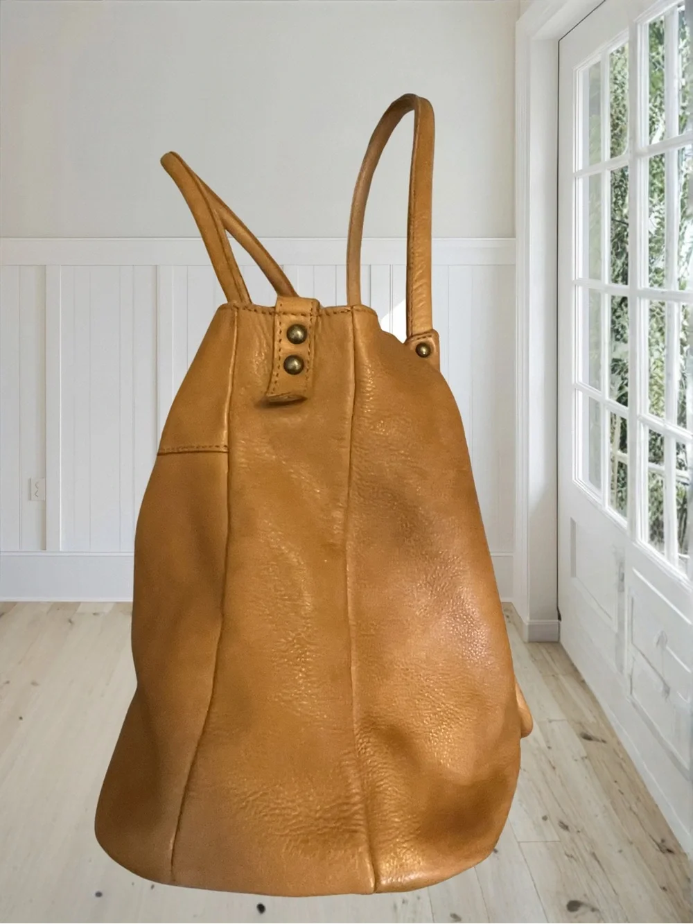 VILENCA HOLLAND Women's Tan Genuine Leather Tote Shoulder Bag Boho Whipstitch